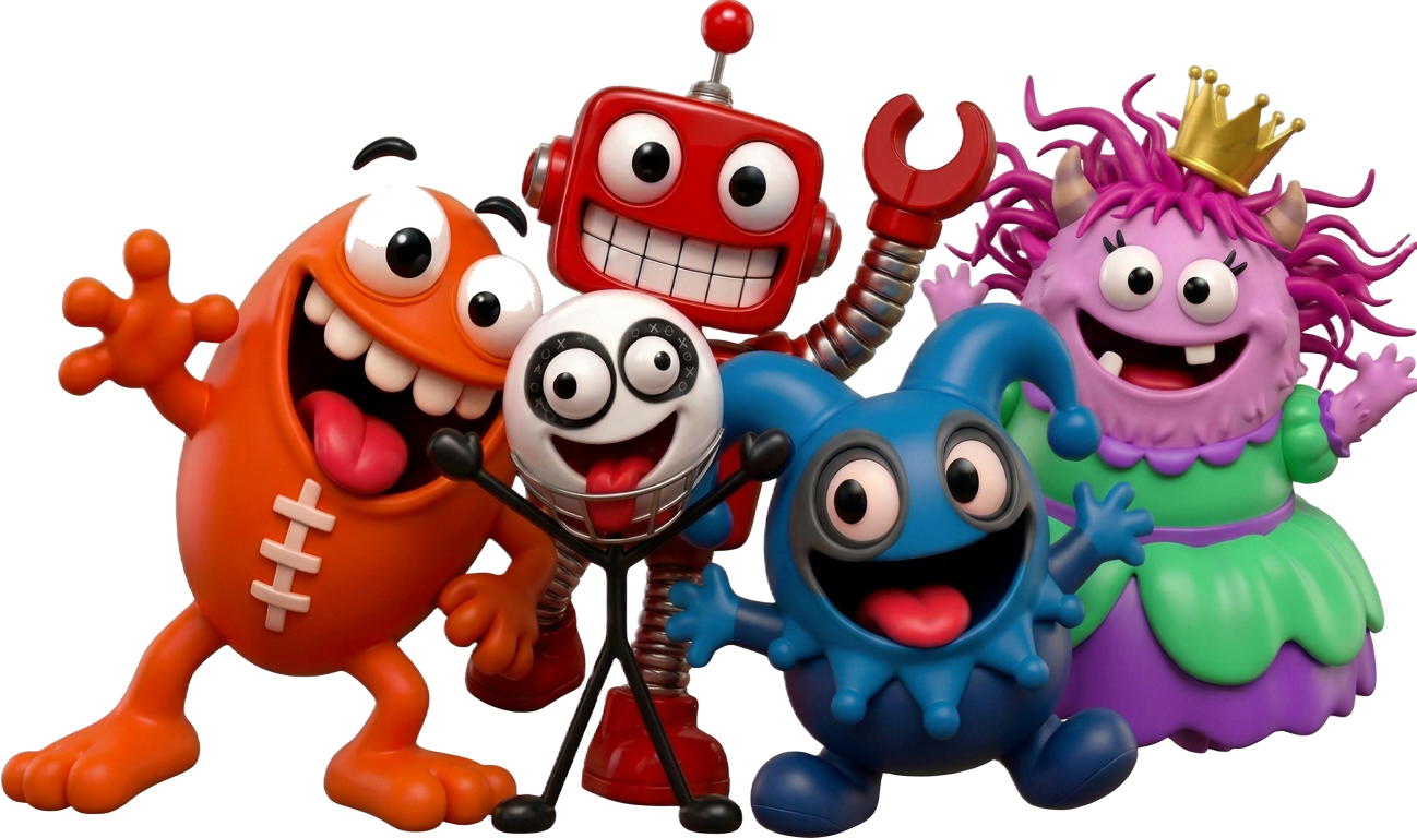 Goffy huddled with his friends: TeeDee the football monster, Reggie the robot, Popper the jester and Jolene the messy princess